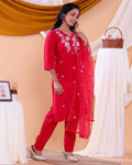 Elegant Floral Embroidered Women's Readymade Salwar Set with Designer Detailing - Red