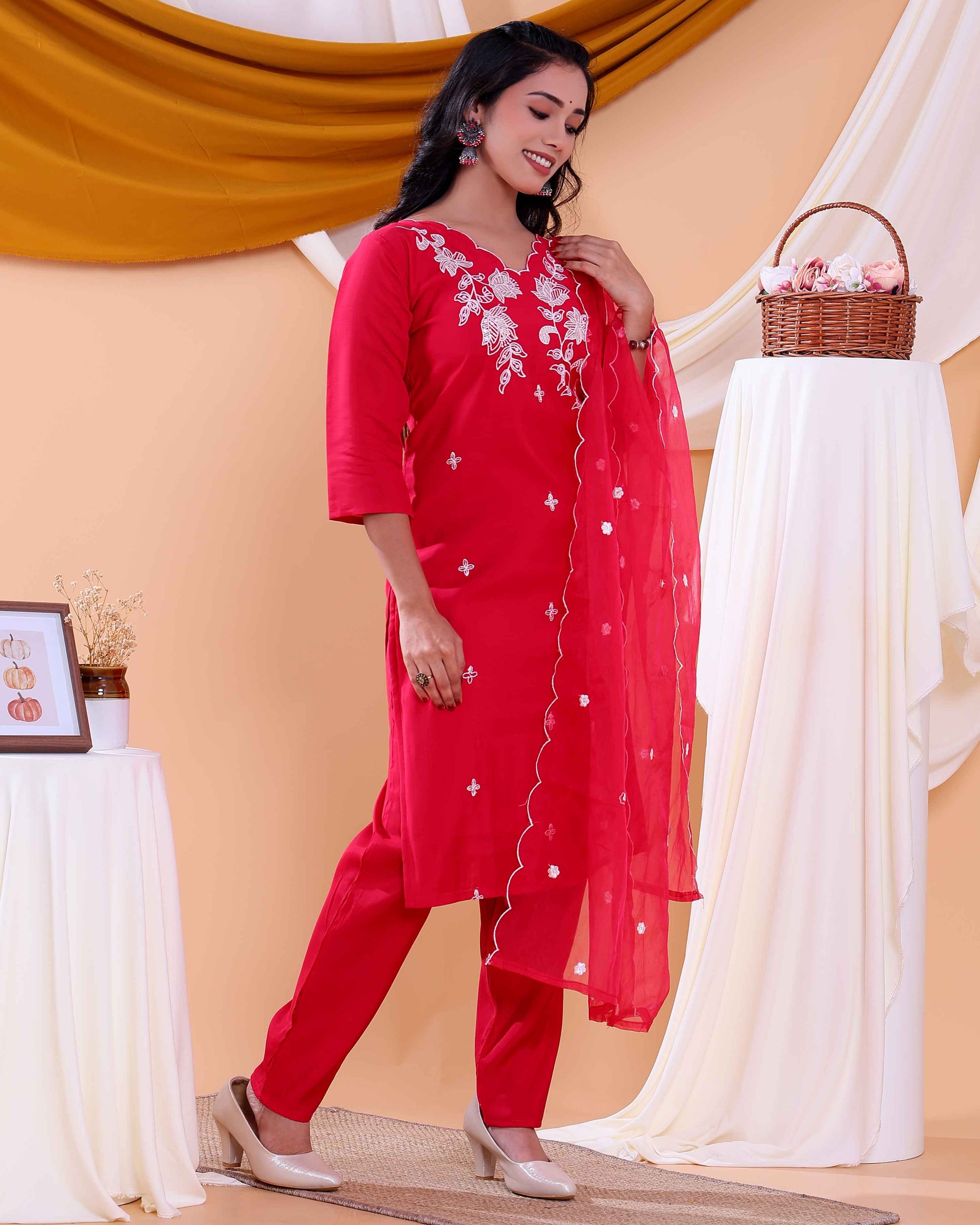 Elegant Floral Embroidered Women's Readymade Salwar Set with Designer Detailing - Red