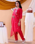 Elegant Floral Embroidered Women's Readymade Salwar Set with Designer Detailing - Red