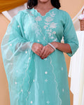 Elegant Floral Embroidered Women's Readymade Salwar Set with Designer Detailing - Aqua Blue-CLOSE