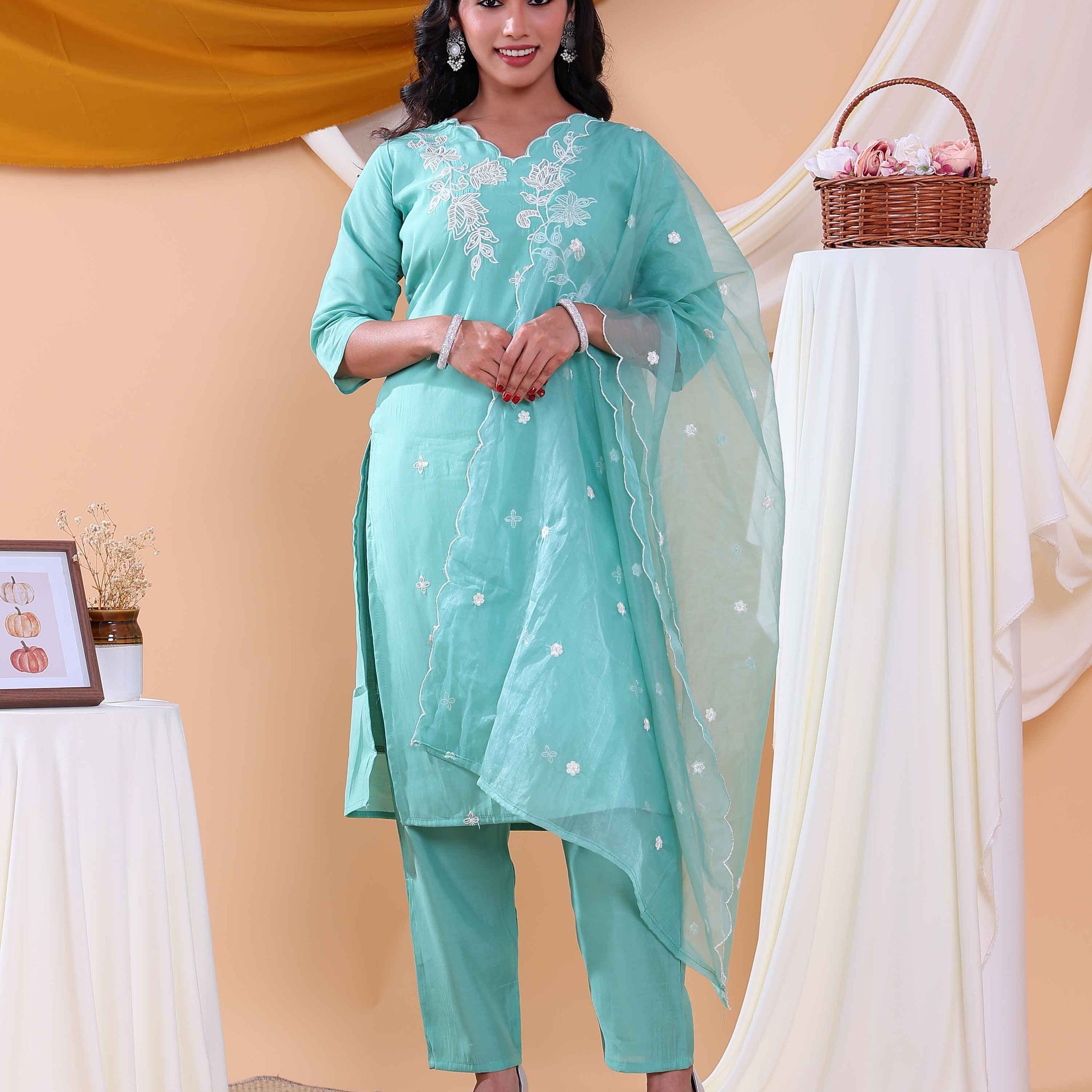 Elegant Floral Embroidered Women's Readymade Salwar Set with Designer Detailing - Aqua Blue