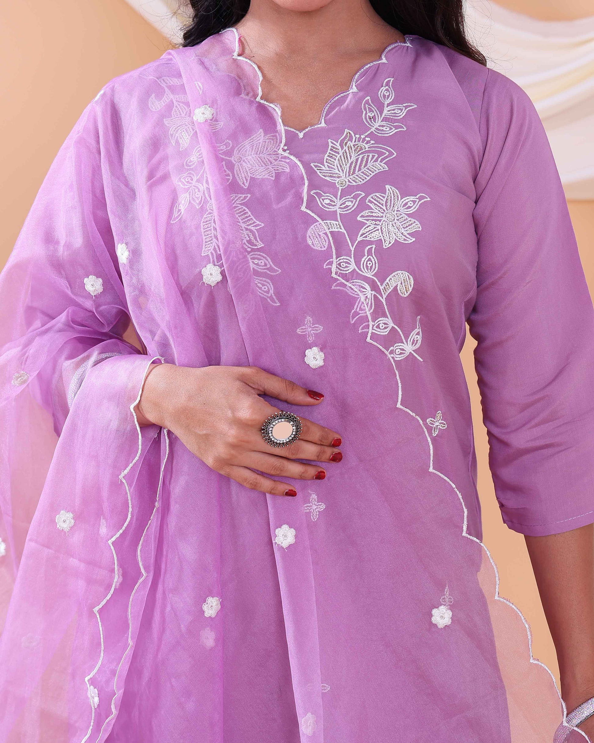 Elegant Floral Embroidered Women's Readymade Salwar Set with Designer Detailing - Lavender-Close