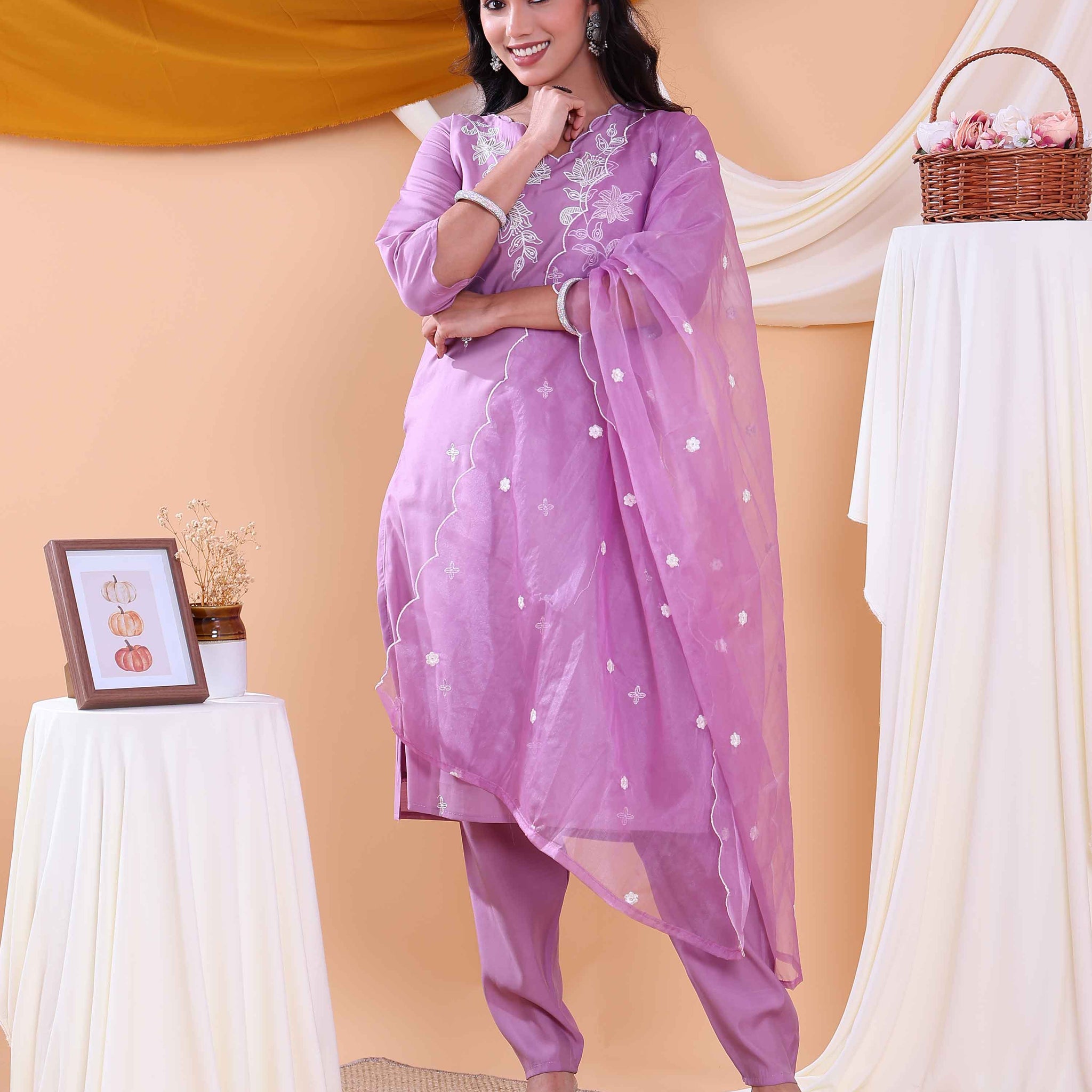 Elegant Floral Embroidered Women's Readymade Salwar Set with Designer Detailing - Lavender
