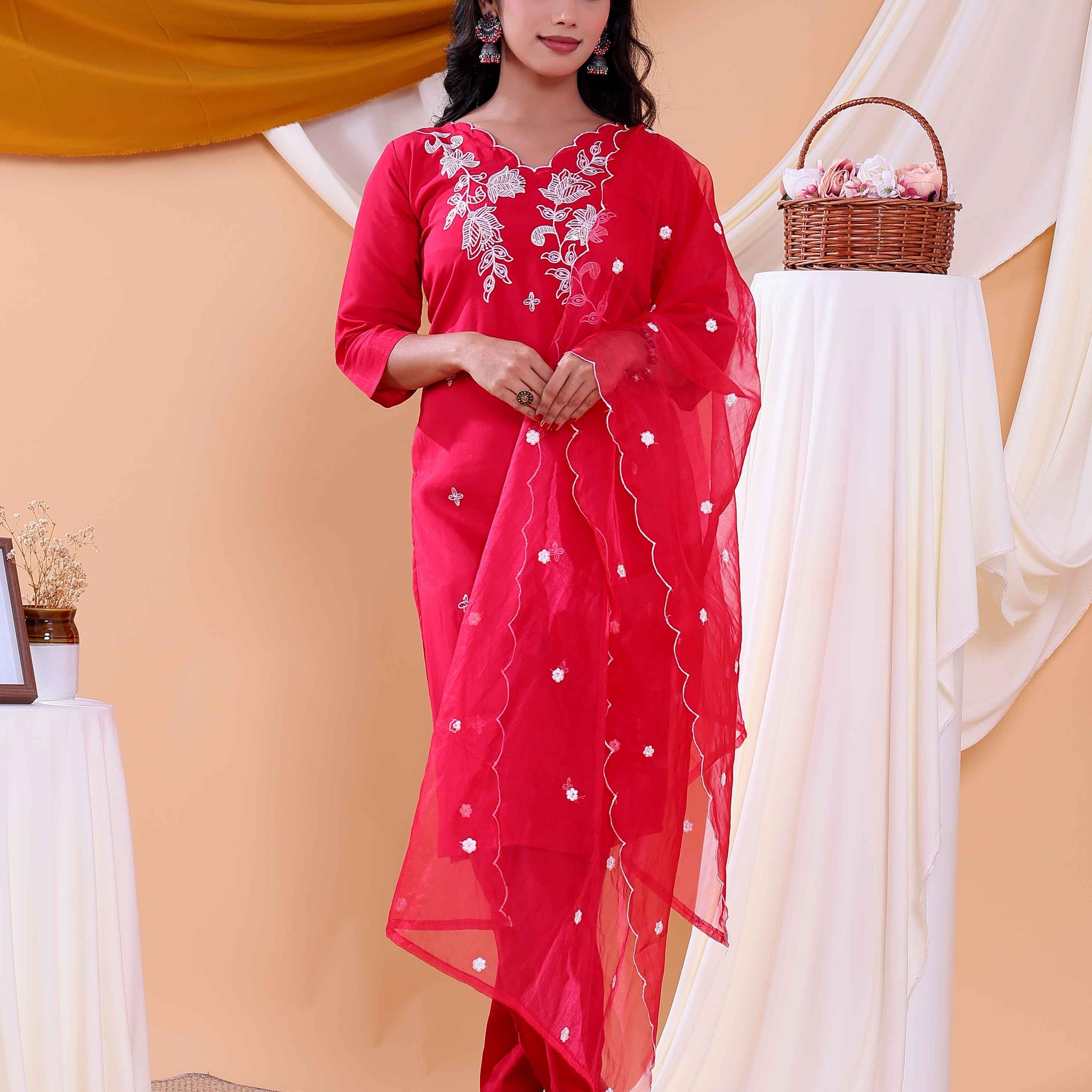 Elegant Floral Embroidered Women's Readymade Salwar Set with Designer Detailing - Red
