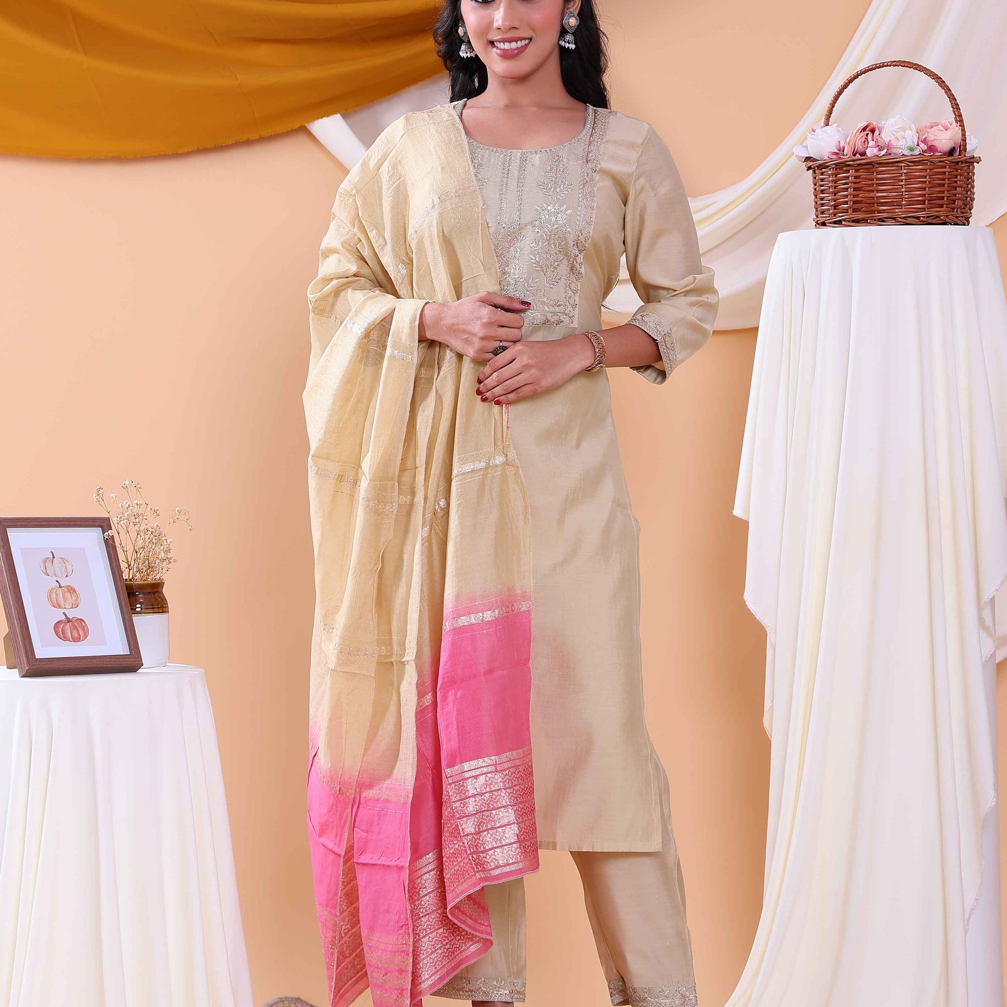 Elegant Floral Embroidered Women’s Salwar Set with Straight Kurta, Matching Bottom, and Dupatta- Sandal