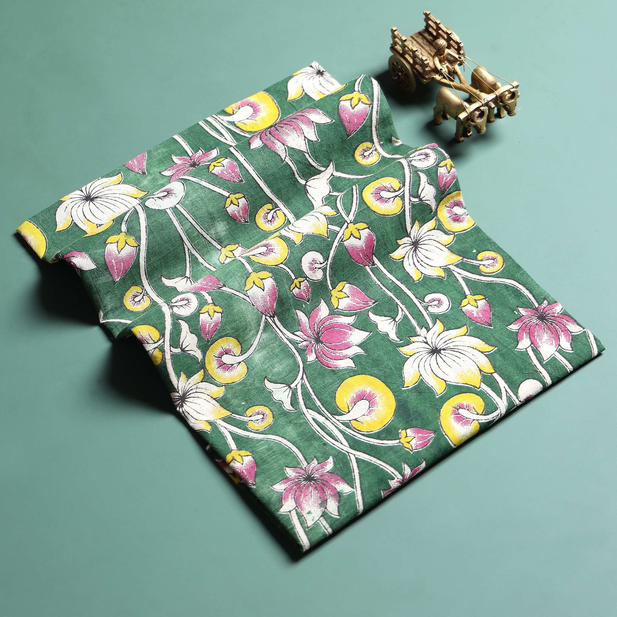 Elegant Floral Handblock Printed Cotton 1 Meter Blouse Material with Intricate Traditional Motifs - Green