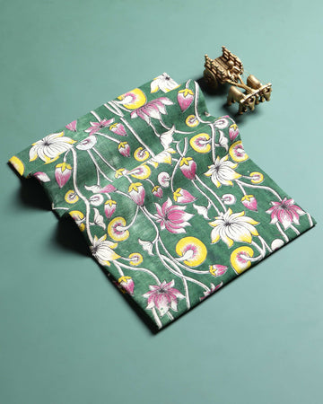 Elegant Floral Handblock Printed Cotton 1 Meter Blouse Material with Intricate Traditional Motifs - Green