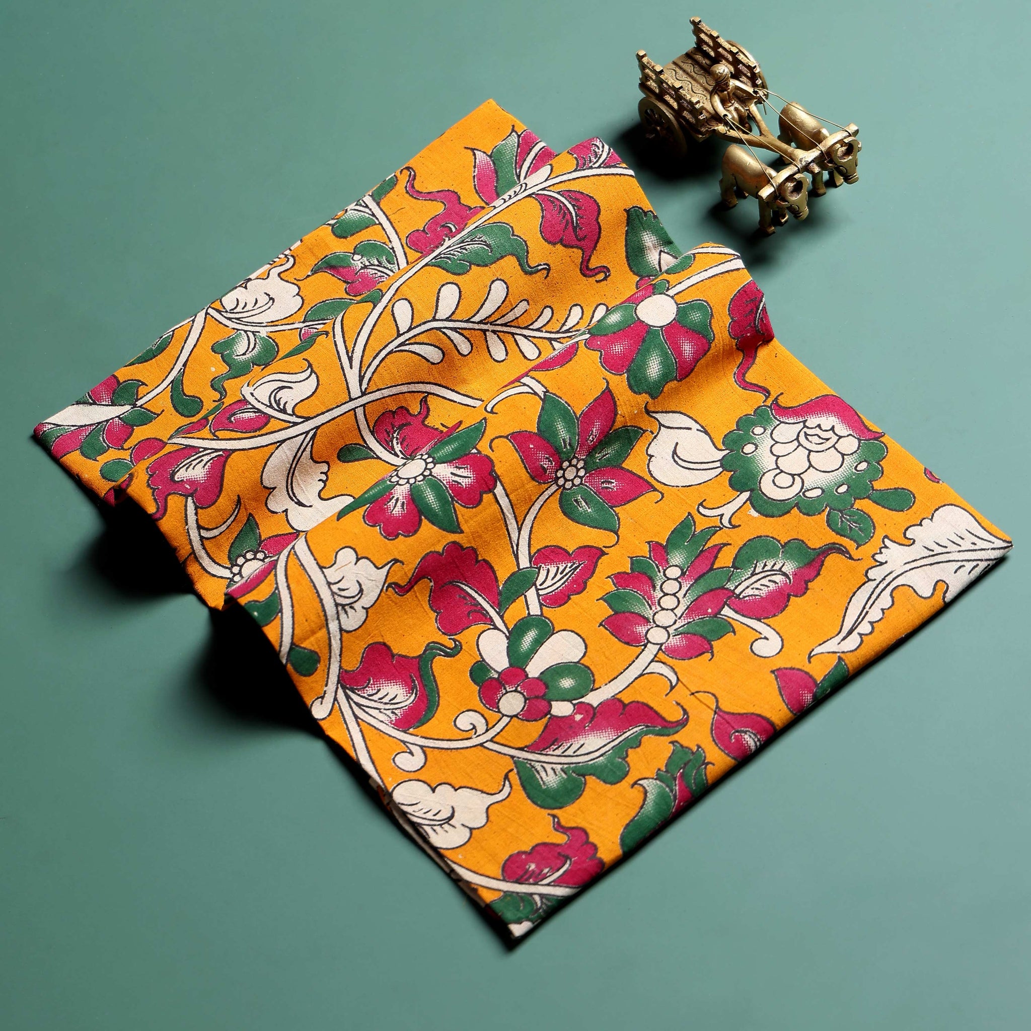 Elegant Floral Kalamkari Printed Women’s Blouse Material with Intricate Floral Motifs - Orange