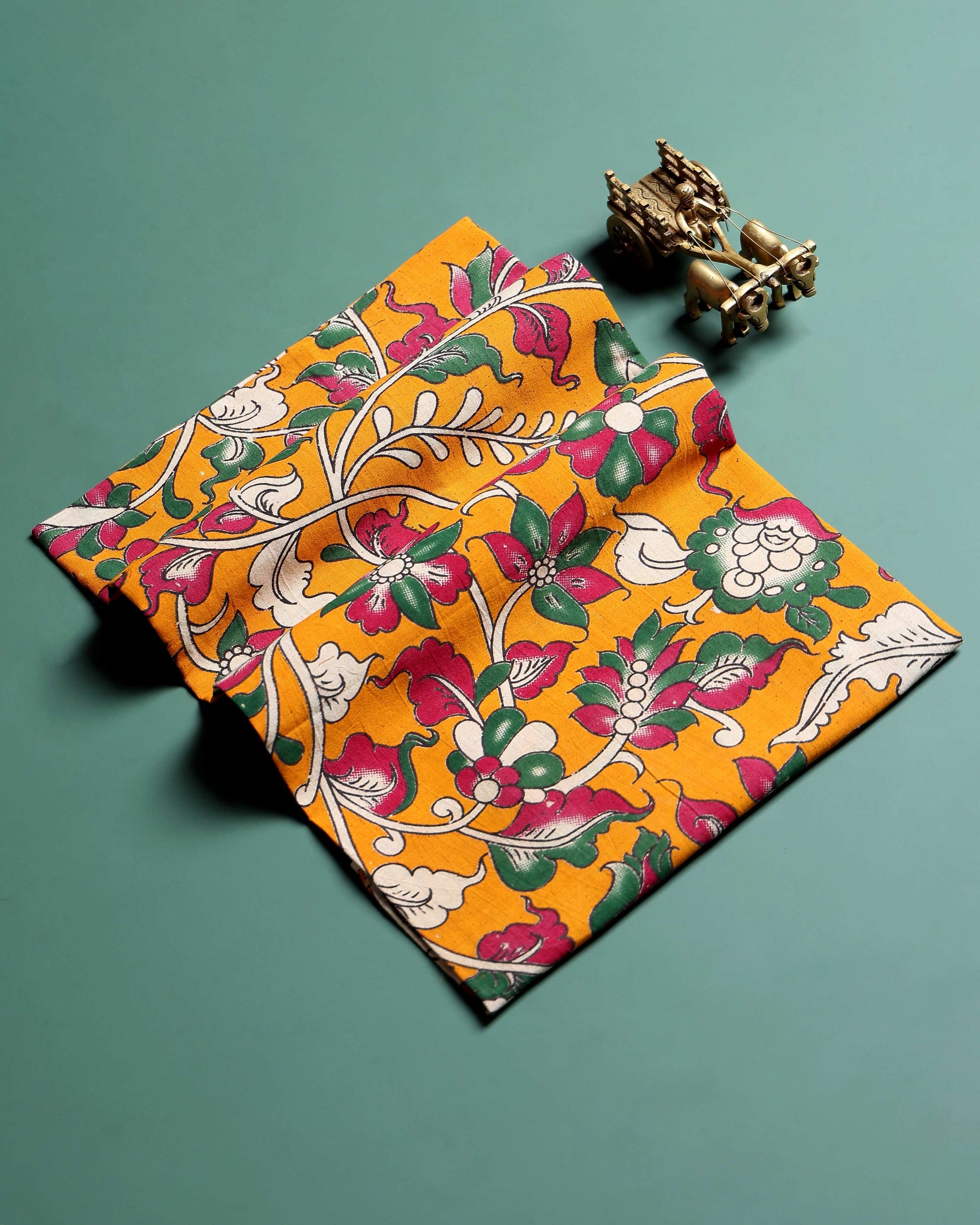 Elegant Floral Kalamkari Printed Women’s Blouse Material with Intricate Floral Motifs - Orange