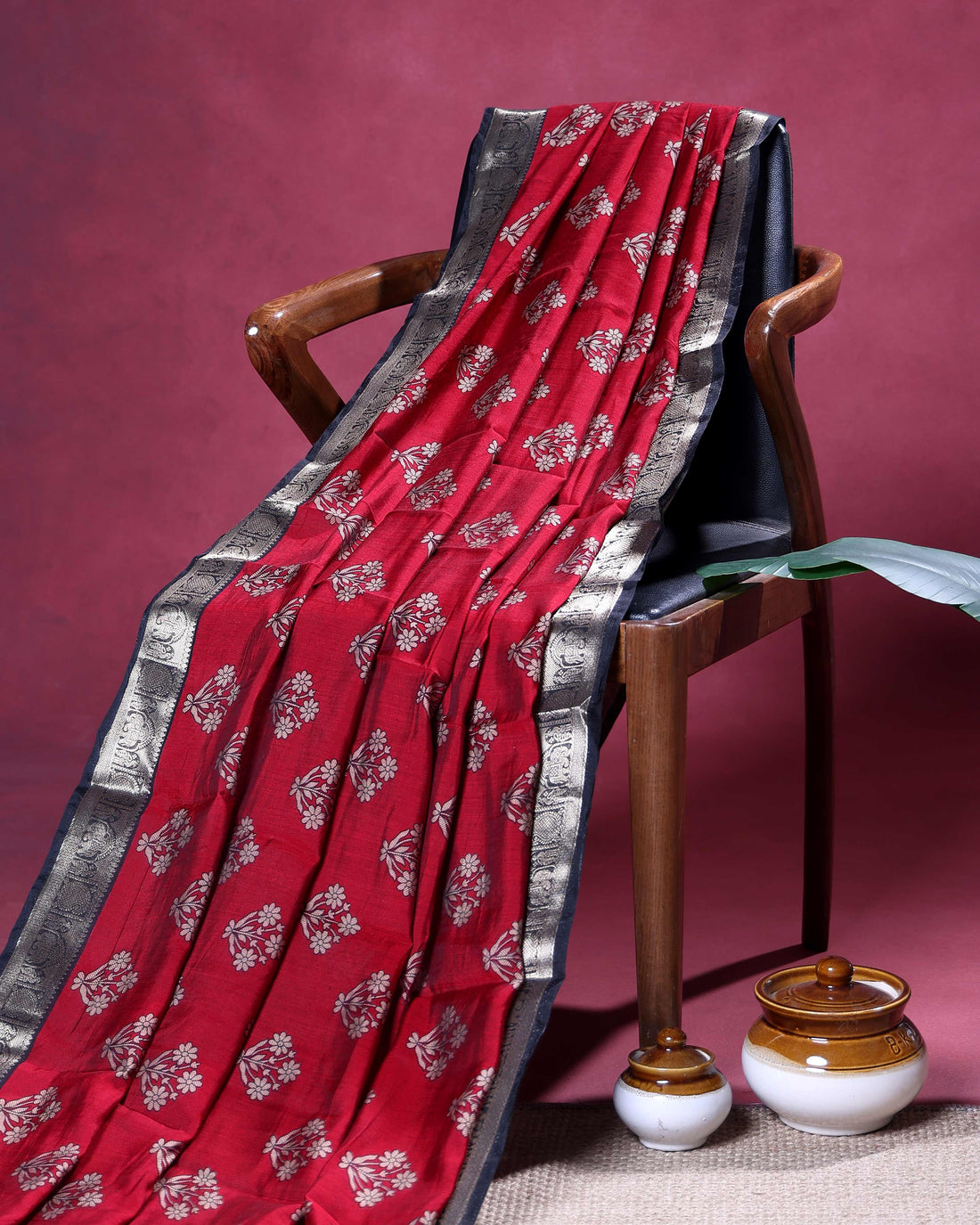 Elegant Floral Motif Semi Chanderi Saree with Intricately Woven Zari Border - Red