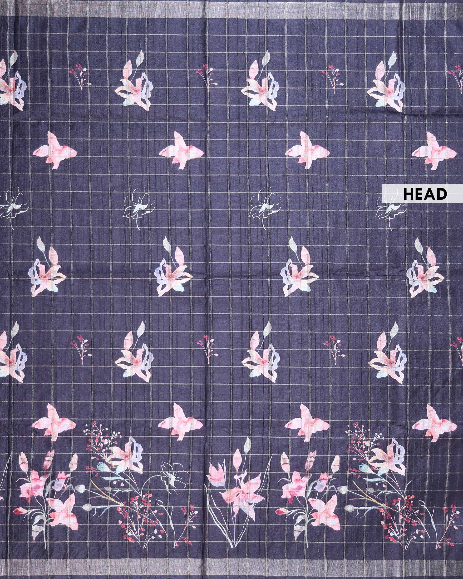 Elegant Floral Print Semi Tussar Silk Saree with Checked Pattern and Contrast Border - Black-Head