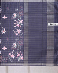 Elegant Floral Print Semi Tussar Silk Saree with Checked Pattern and Contrast Border - Black-Pallu