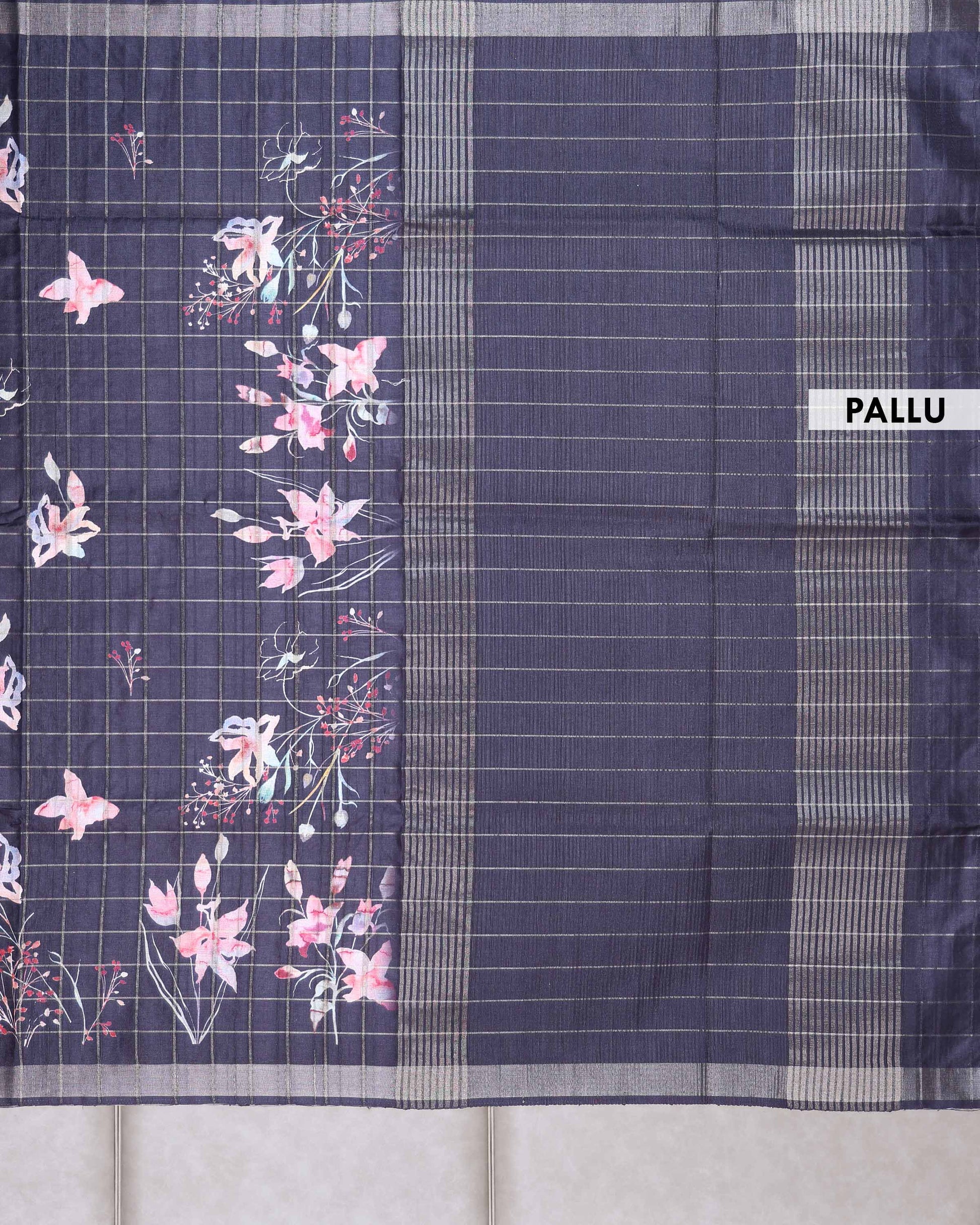 Elegant Floral Print Semi Tussar Silk Saree with Checked Pattern and Contrast Border - Black-Pallu