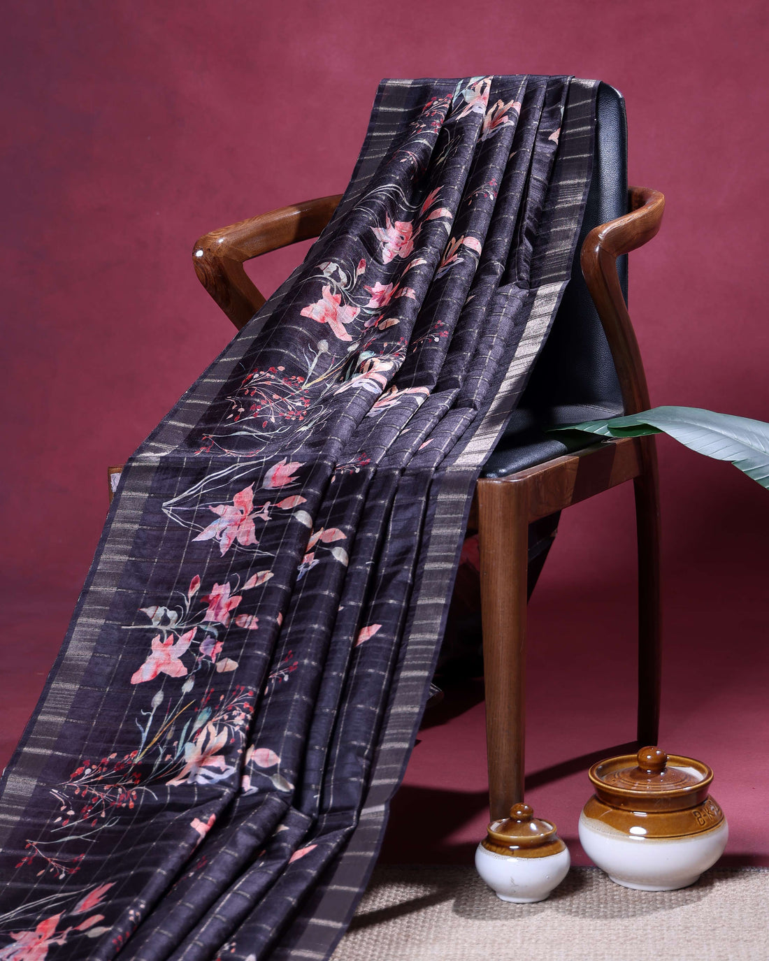 Elegant Floral Print Semi Tussar Silk Saree with Checked Pattern and Contrast Border - Black