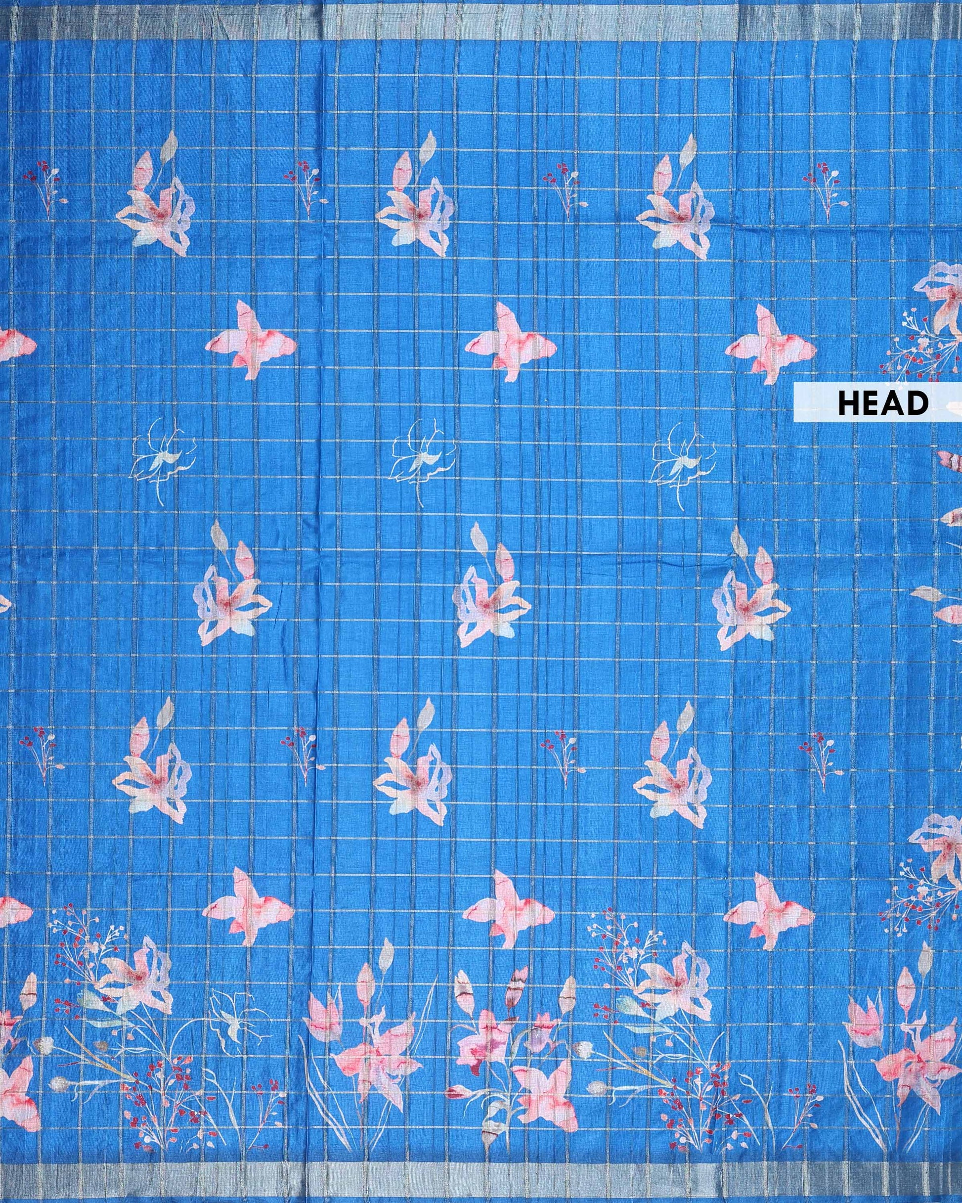 Elegant Floral Print Semi Tussar Silk Saree with Checked Pattern and Contrast Border - Blue-Head