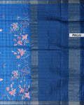 Elegant Floral Print Semi Tussar Silk Saree with Checked Pattern and Contrast Border - Blue-Pallu