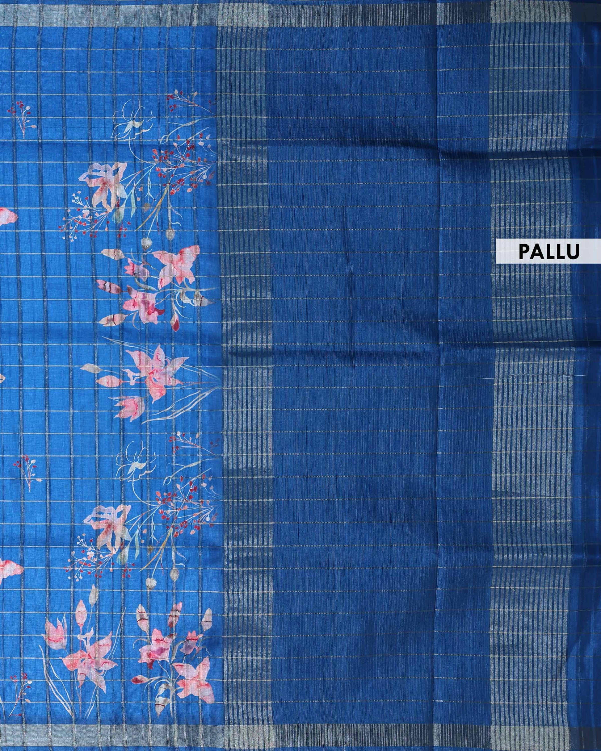 Elegant Floral Print Semi Tussar Silk Saree with Checked Pattern and Contrast Border - Blue-Pallu