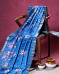 Elegant Floral Print Semi Tussar Silk Saree with Checked Pattern and Contrast Border - Blue