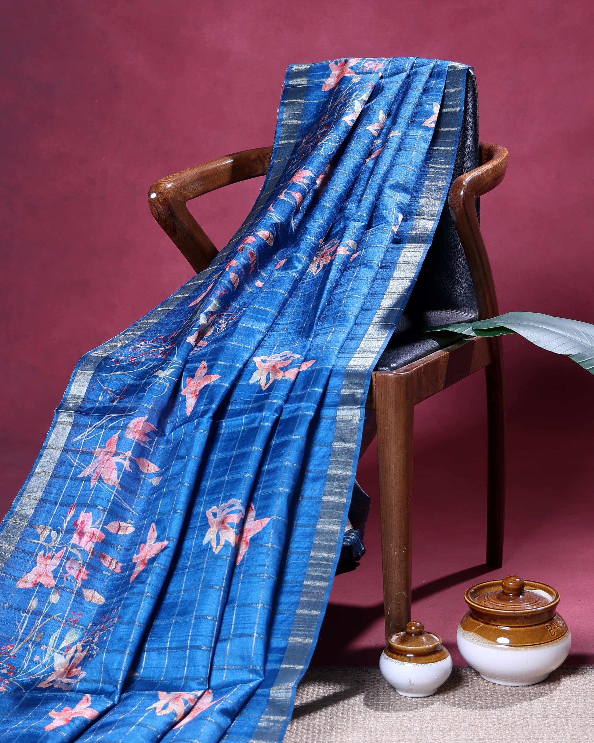 Elegant Floral Print Semi Tussar Silk Saree with Checked Pattern and Contrast Border - Blue