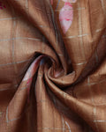 Elegant Floral Print Semi Tussar Silk Saree with Checked Pattern and Contrast Border - Brown-Close Up