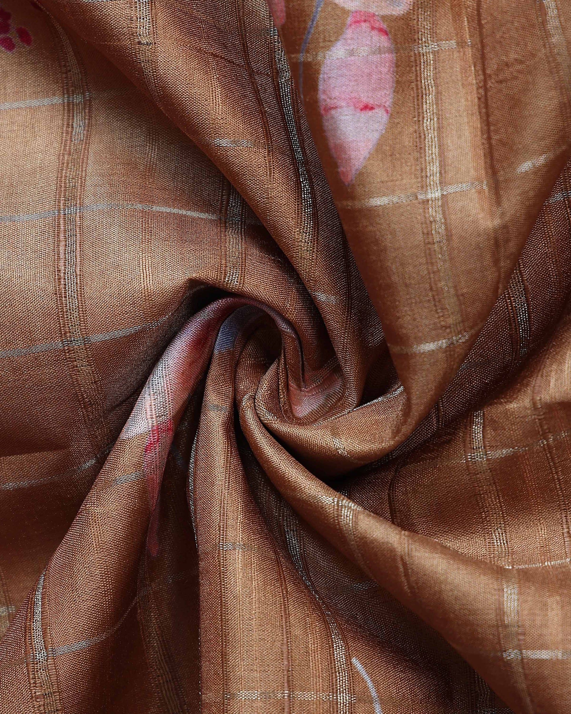 Elegant Floral Print Semi Tussar Silk Saree with Checked Pattern and Contrast Border - Brown-Close Up