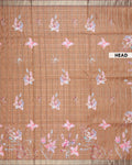 Elegant Floral Print Semi Tussar Silk Saree with Checked Pattern and Contrast Border - Brown-Head