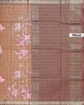 Elegant Floral Print Semi Tussar Silk Saree with Checked Pattern and Contrast Border - Brown-Pallu