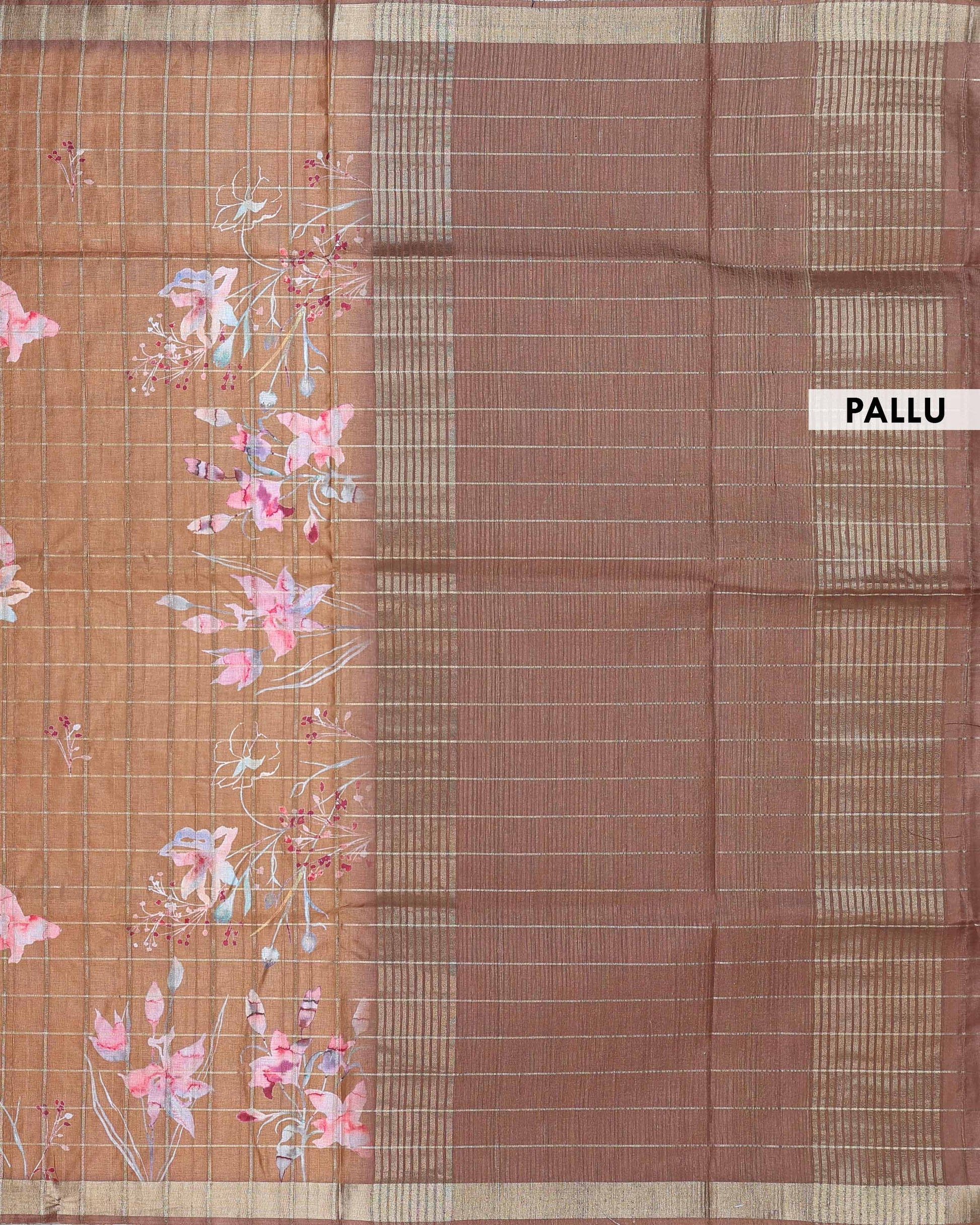Elegant Floral Print Semi Tussar Silk Saree with Checked Pattern and Contrast Border - Brown-Pallu