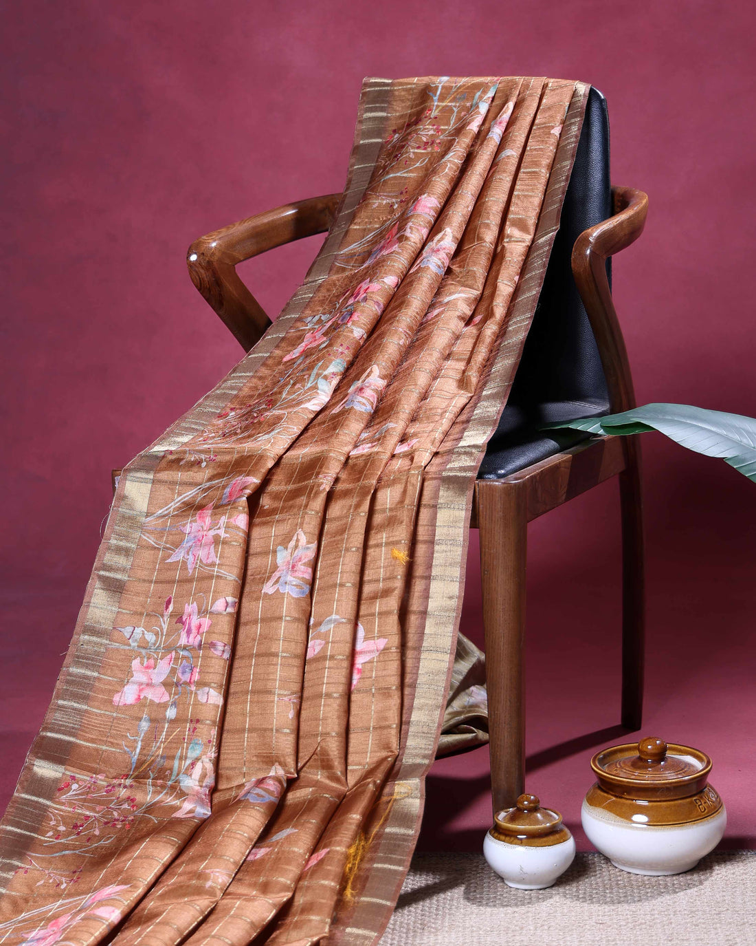 Elegant Floral Print Semi Tussar Silk Saree with Checked Pattern and Contrast Border - Brown