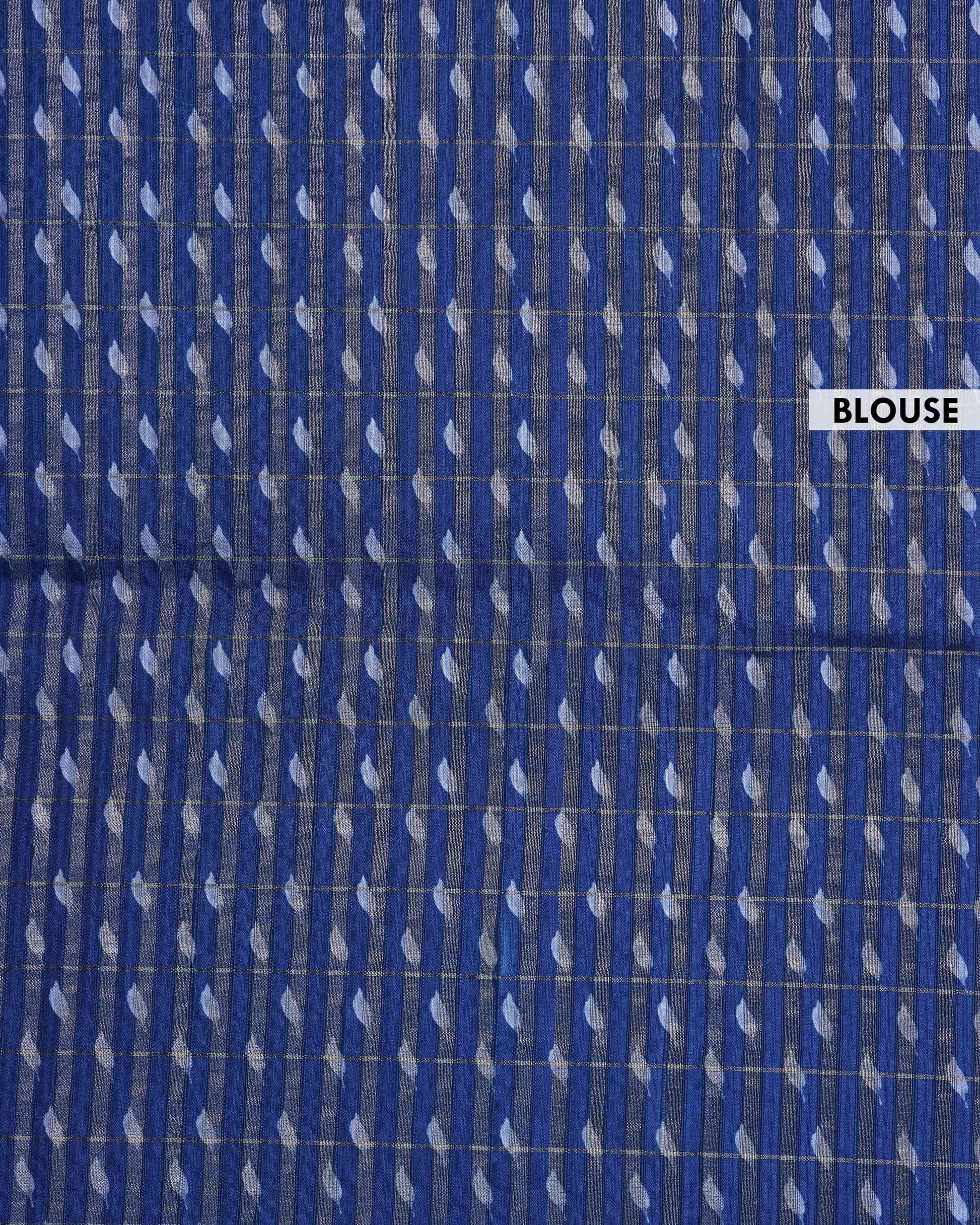 Elegant Floral Print Semi Tussar Silk Saree with Checked Pattern and Contrast Border - Dark Blue-Blouse