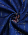 Elegant Floral Print Semi Tussar Silk Saree with Checked Pattern and Contrast Border - Dark Blue-Close Up