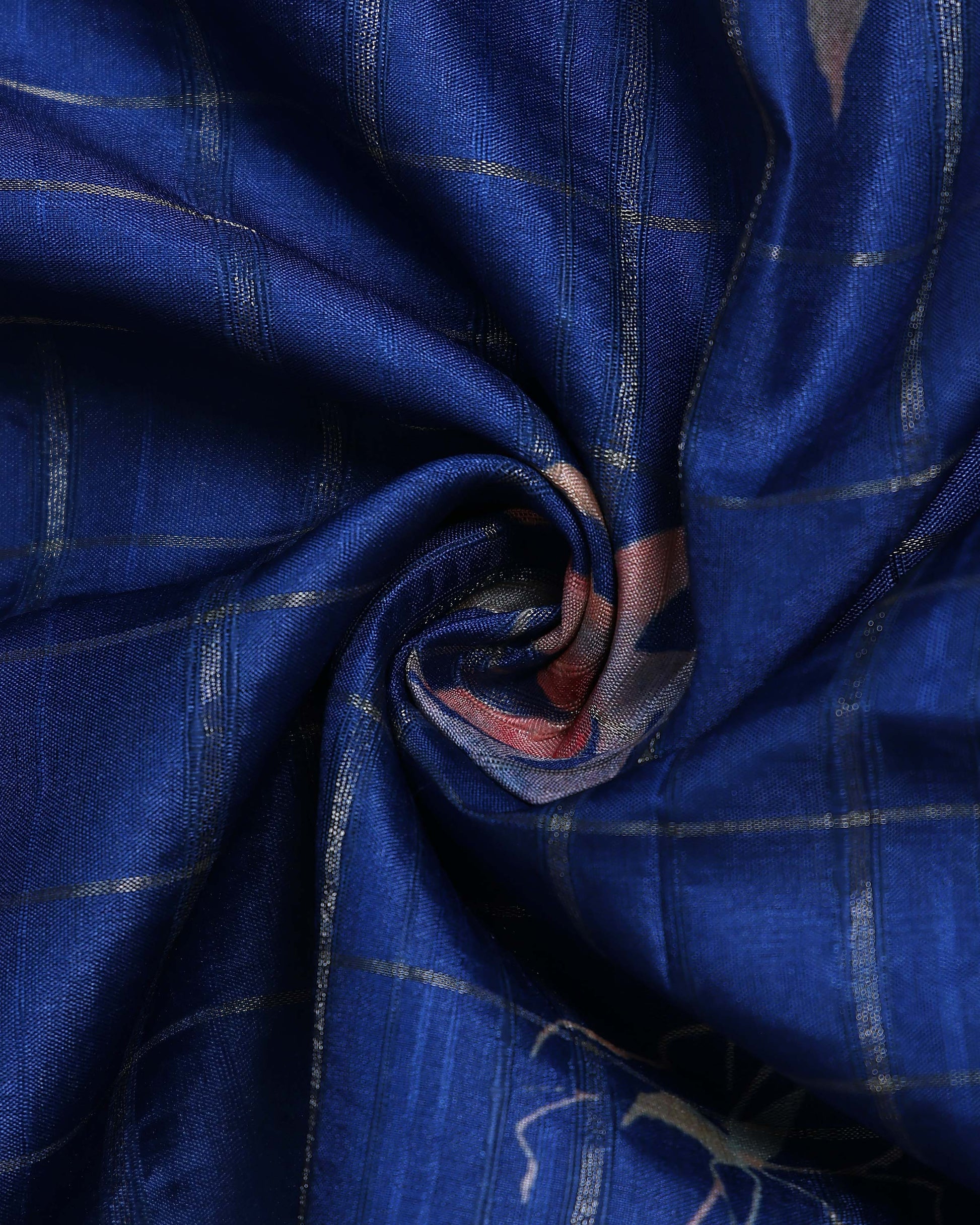 Elegant Floral Print Semi Tussar Silk Saree with Checked Pattern and Contrast Border - Dark Blue-Close Up