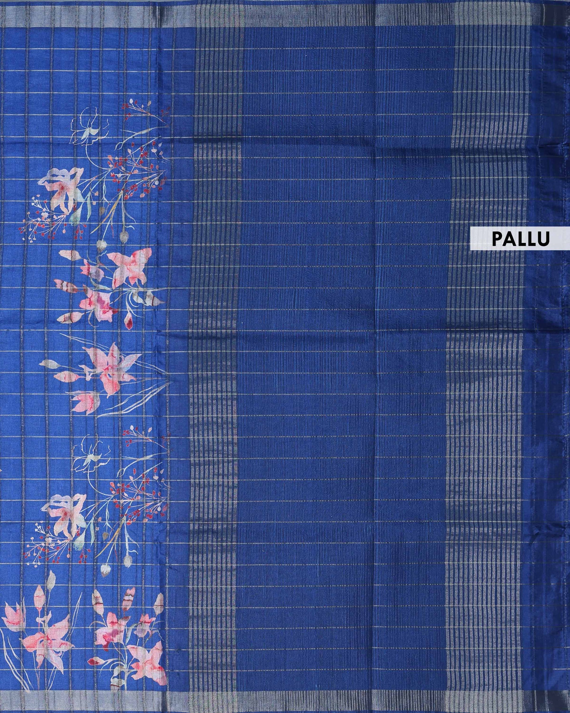 Elegant Floral Print Semi Tussar Silk Saree with Checked Pattern and Contrast Border - Dark Blue-Pallu