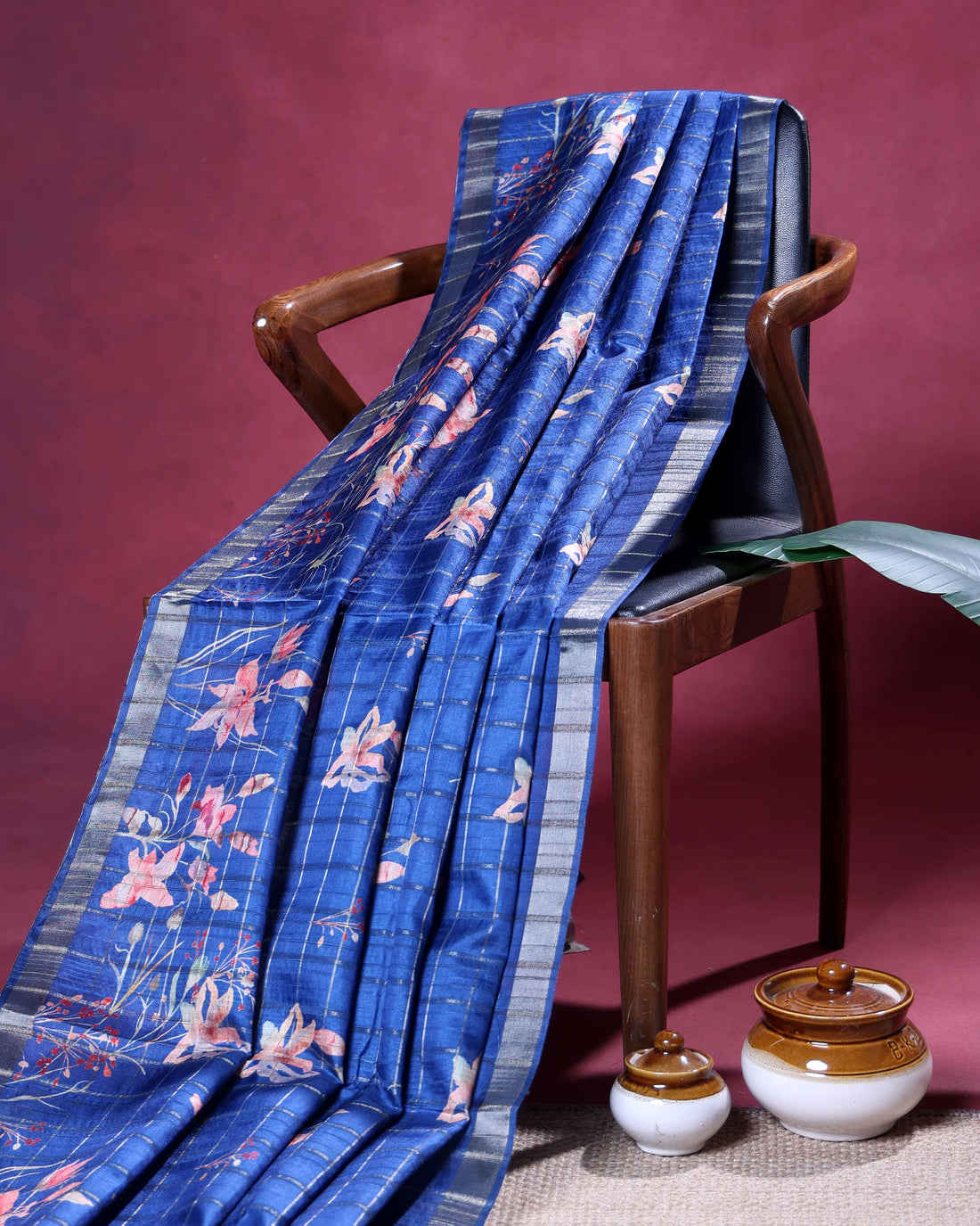 Elegant Floral Print Semi Tussar Silk Saree with Checked Pattern and Contrast Border - Dark Blue