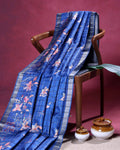 Elegant Floral Print Semi Tussar Silk Saree with Checked Pattern and Contrast Border - Dark Blue