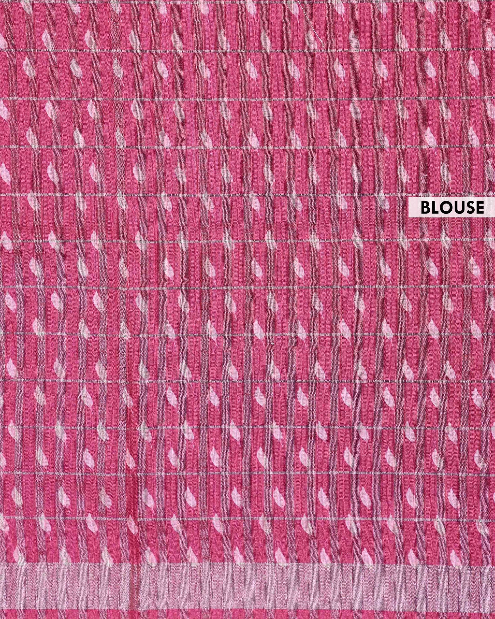 Elegant Floral Print Semi Tussar Silk Saree with Checked Pattern and Contrast Border - Pink-Blouse