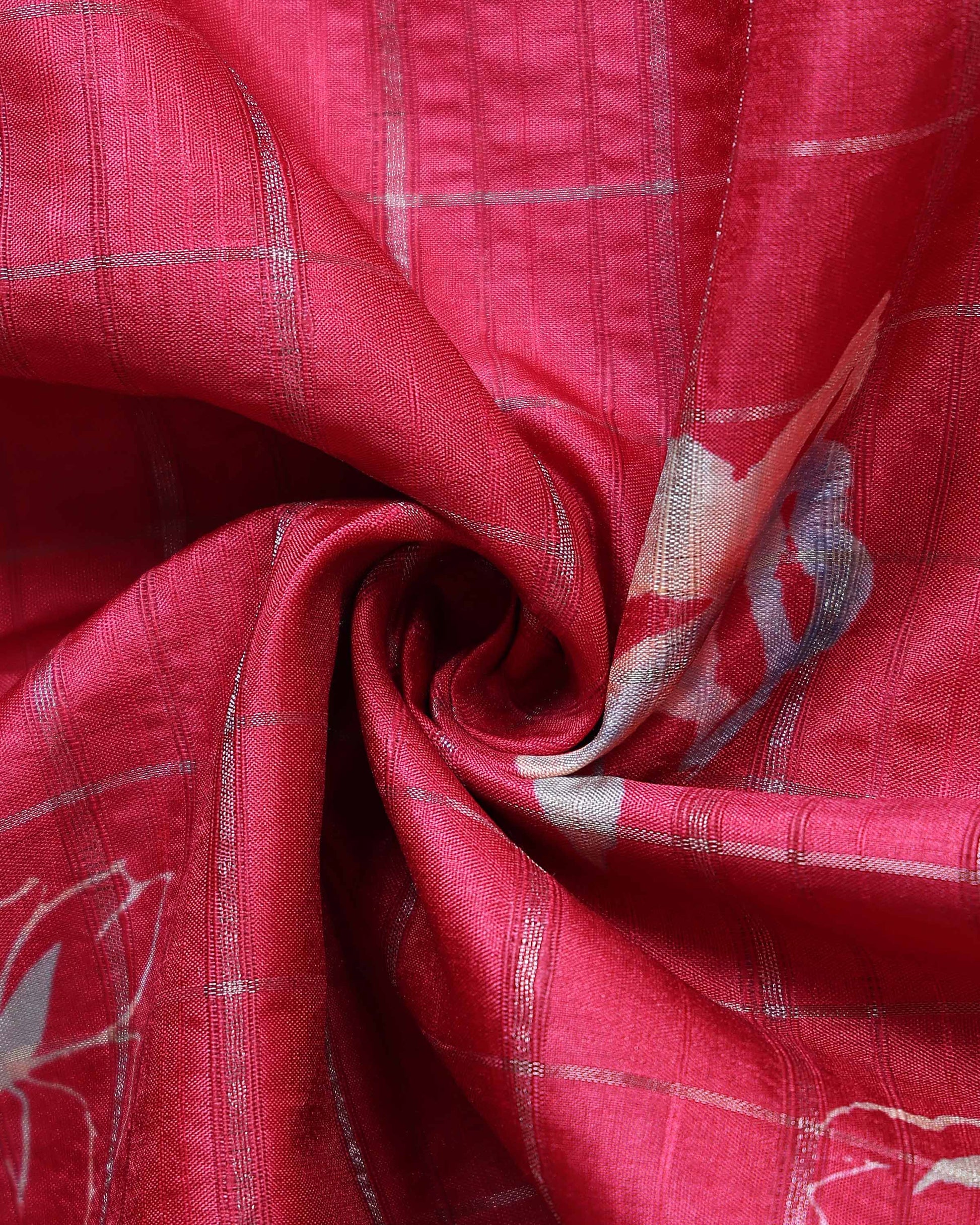 Elegant Floral Print Semi Tussar Silk Saree with Checked Pattern and Contrast Border - Pink-Close Up