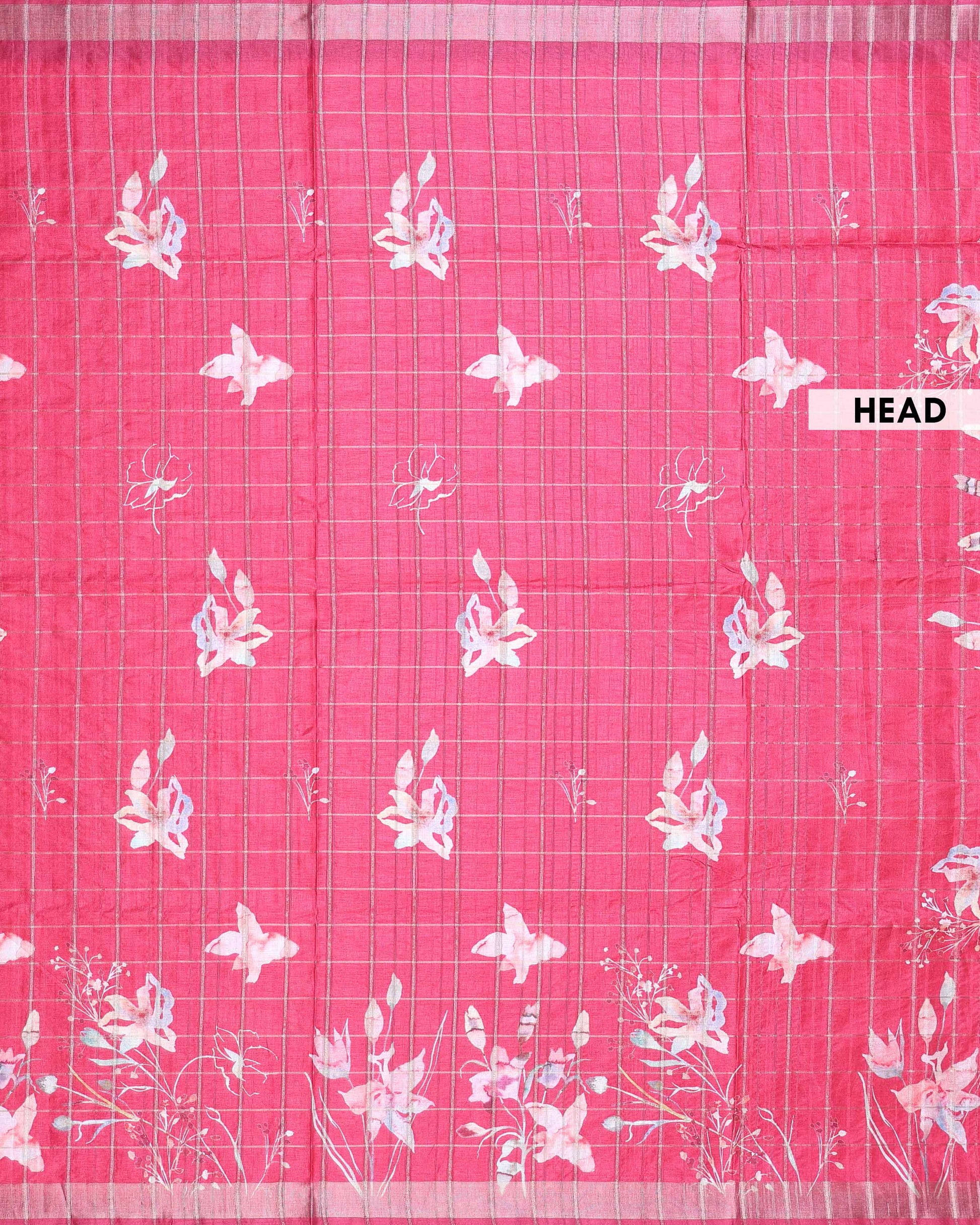 Elegant Floral Print Semi Tussar Silk Saree with Checked Pattern and Contrast Border - Pink-Head