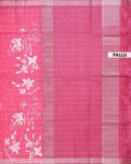 Elegant Floral Print Semi Tussar Silk Saree with Checked Pattern and Contrast Border - Pink-Pallu