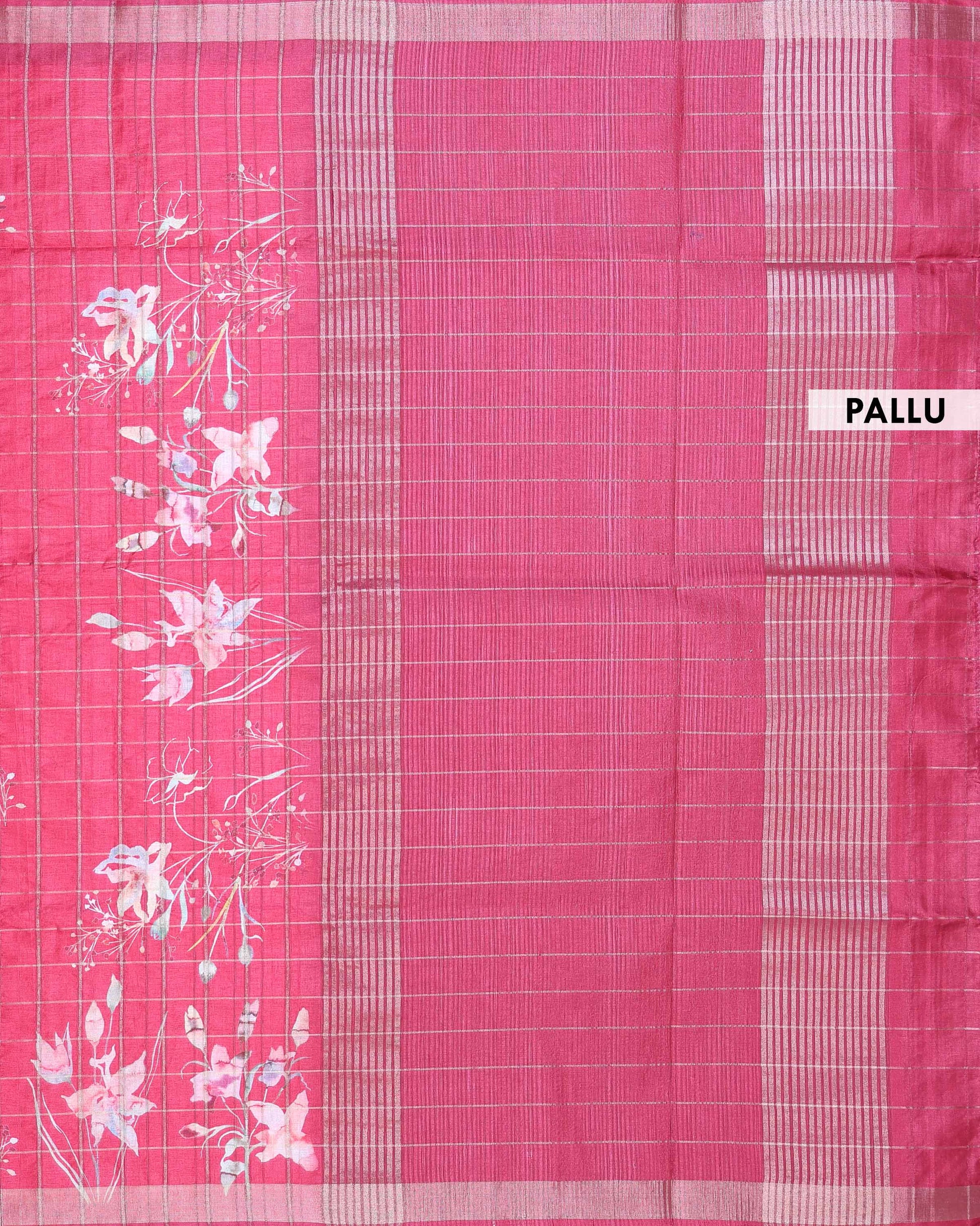 Elegant Floral Print Semi Tussar Silk Saree with Checked Pattern and Contrast Border - Pink-Pallu