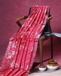 Elegant Floral Print Semi Tussar Silk Saree with Checked Pattern and Contrast Border - Pink