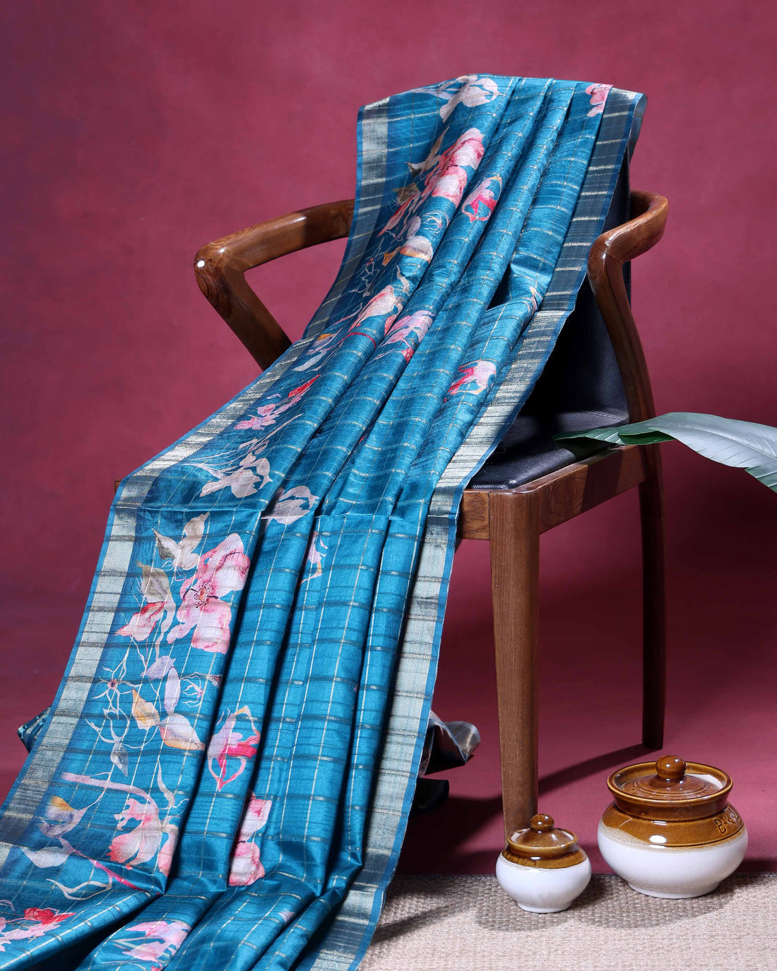 Elegant Floral Print Semi Tussar Silk Saree with Checked Pattern and Contrast Border  - Teal