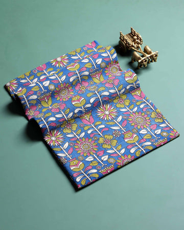 Elegant Floral Printed Cotton 1 Meter Blouse Material with Traditional Botanical Motifs - Blue