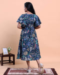 Elegant Floral Printed Kurta with Ruffled Sleeves and Flared Hemline - Navy Blue