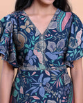Elegant Floral Printed Kurta with Ruffled Sleeves and Flared Hemline - Navy Blue