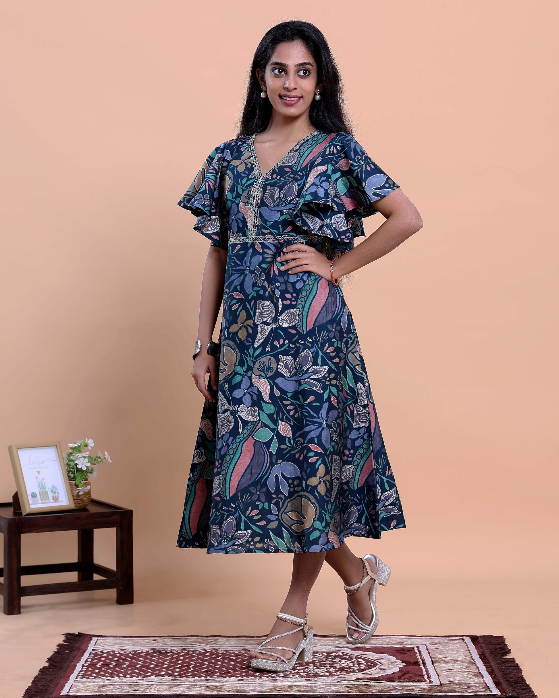 Elegant Floral Printed Kurta with Ruffled Sleeves and Flared Hemline - Navy Blue