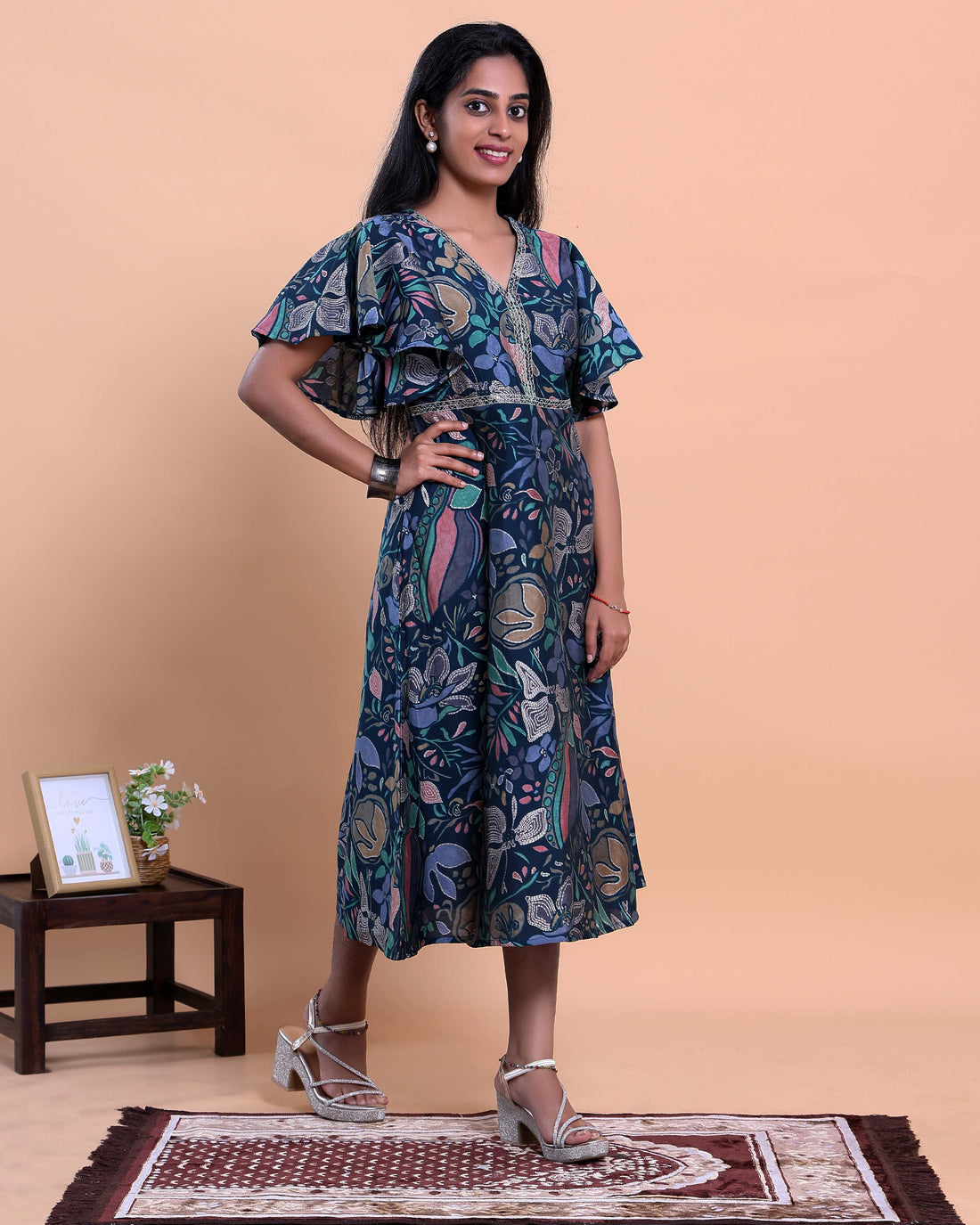 Elegant Floral Printed Kurta with Ruffled Sleeves and Flared Hemline - Navy Blue