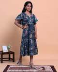 Elegant Floral Printed Kurta with Ruffled Sleeves and Flared Hemline - Navy Blue