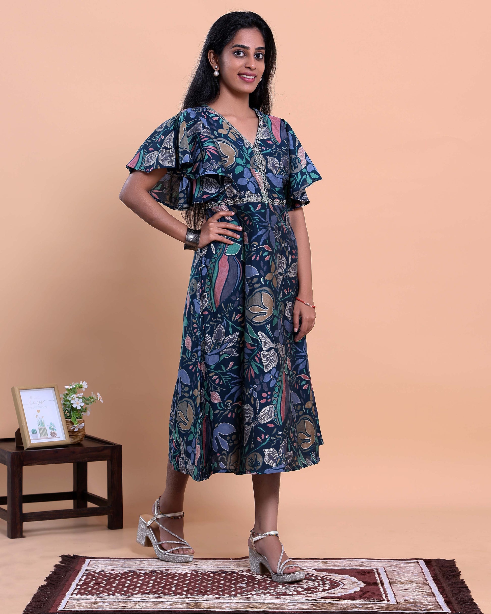 Elegant Floral Printed Kurta with Ruffled Sleeves and Flared Hemline - Navy Blue