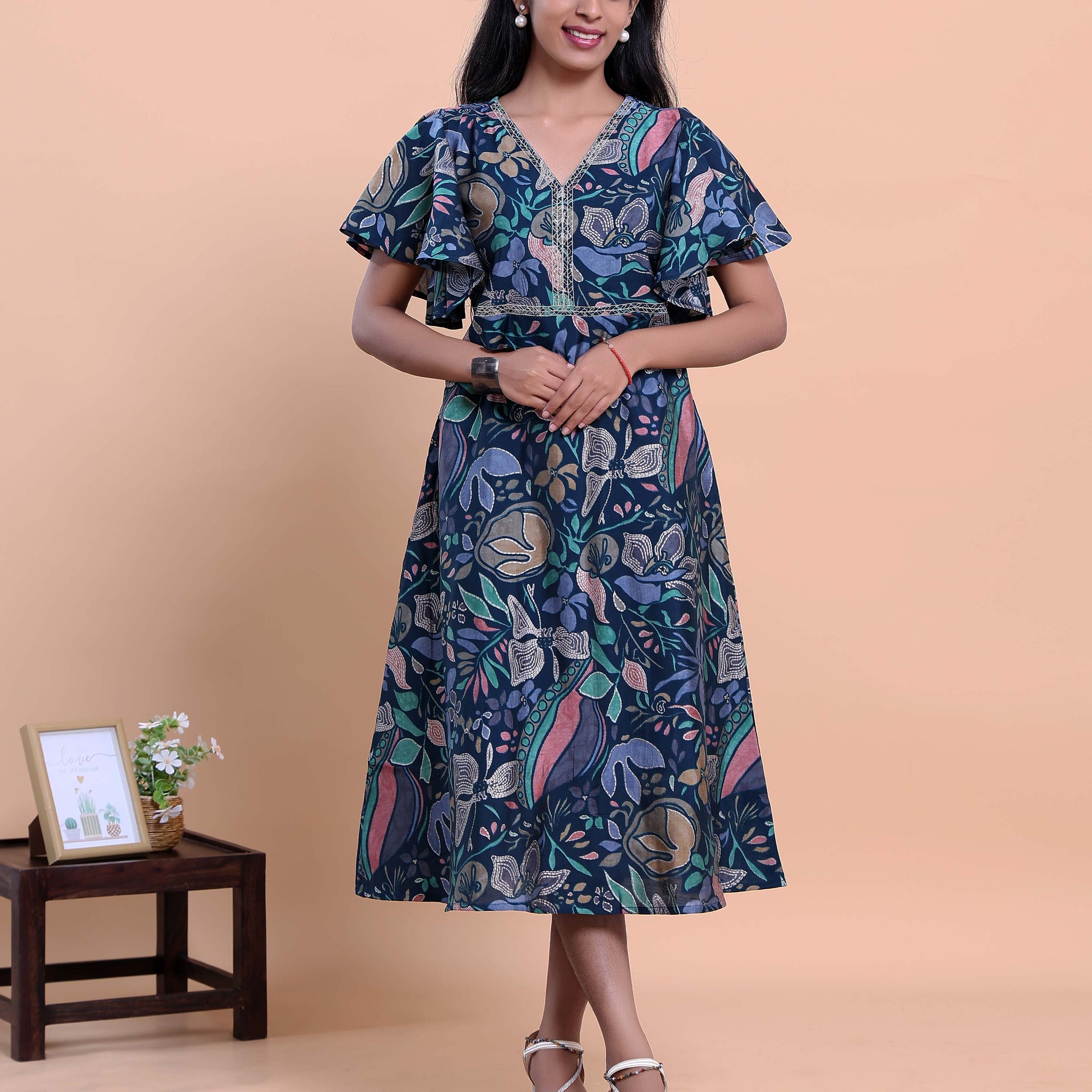 Elegant Floral Printed Kurta with Ruffled Sleeves and Flared Hemline - Navy Blue